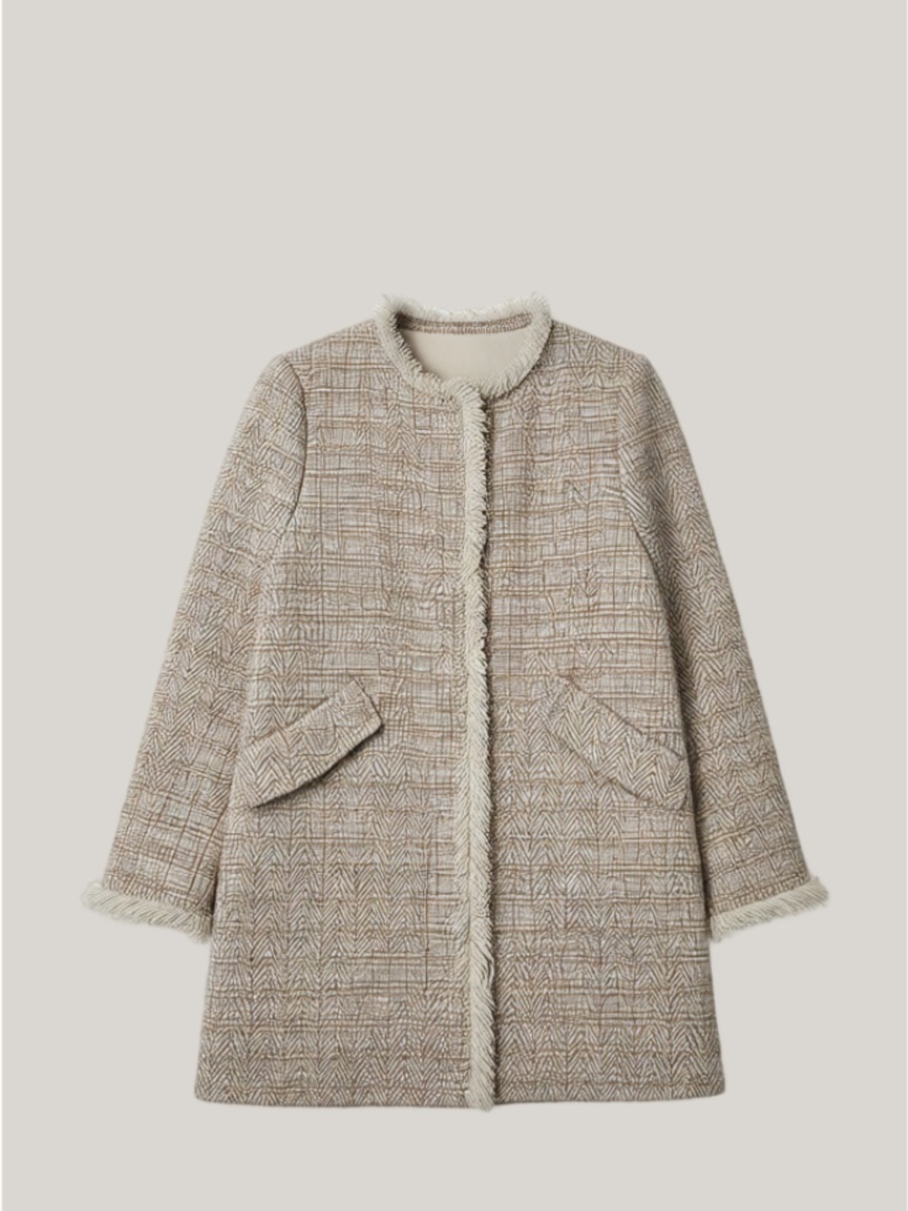 Zara Neutral Tweed Pea Coat with Faux Shearling Trim